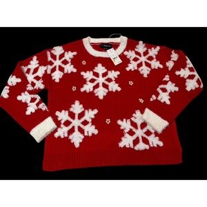 NWT‎ Women's 33 Degrees Red Knit Christmas Sweater White Snowflakes Size XS